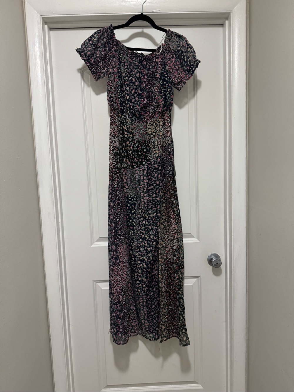Lulus Neva Navy Blue Floral Print Off-the-shoulder Maxi Dress - Size L - Picture 2 of 14